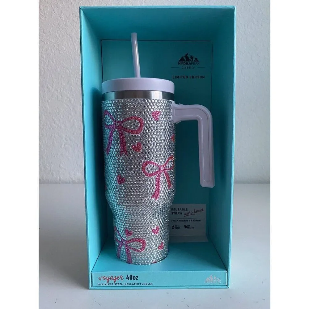 Hydrapeak LIMITED EDITION Voyager 40 oz Insulated Tumbler BLING Heart‎ Bows NEW